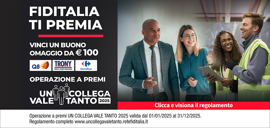 Agenzia Spazio Prestiti Fiditalia | Pescara, Chieti Scalo | Fiditalia ti premia - Vinci un buono omaggio da €100. Operazione a premi. Clicca e visiona il regolamento. Operazione a premi UN COLLEGA VALE TANTO 2025 valida dal 01/01/2025 al 31/12/2025. Regolamento completo www.uncollegavaletanto.retefiditalia.it